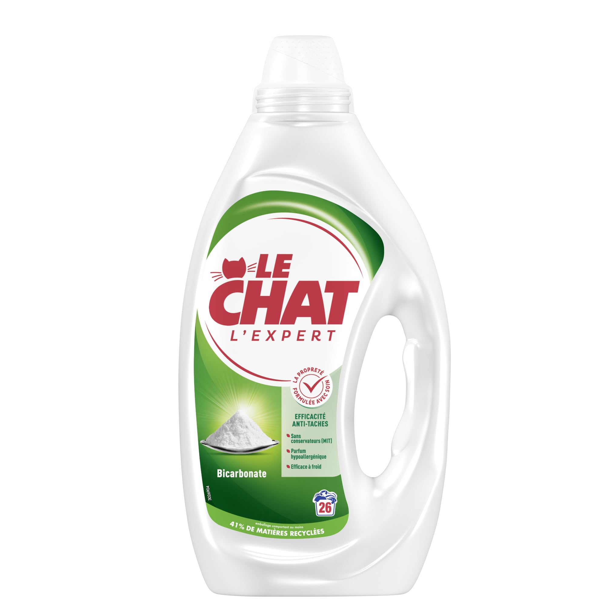 Le Chat Lessive Liquide, L'Expert Bicarbonate, Lessive pour entretien du linge, Parfum Hypoallergenique, Efficacite anti-taches, 4x26 lavages