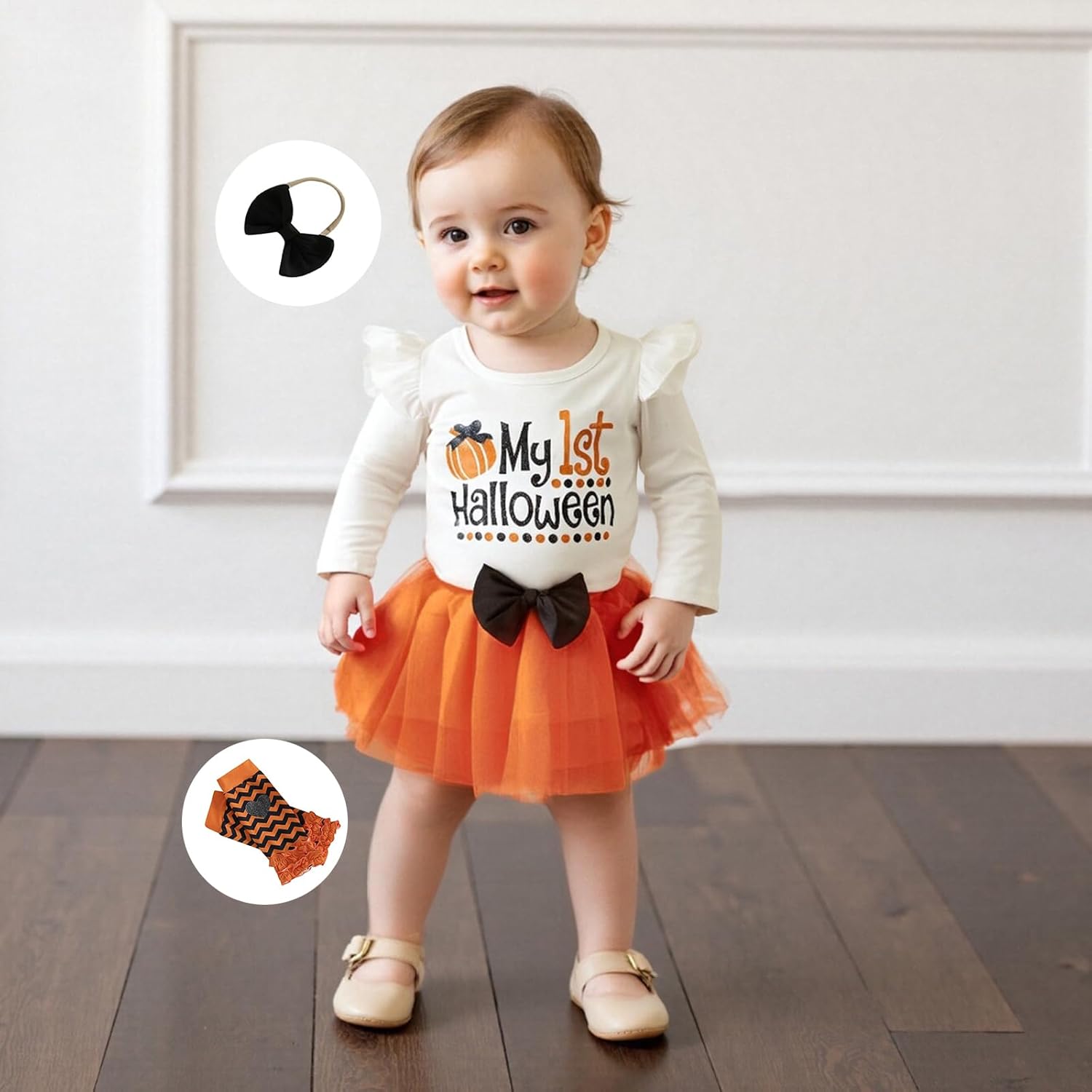 My 1st Halloween Baby Girl Outfit Ruffle Long Sleeve Romper Tulle Tutu Skirt Headband Leg Warmer Clothes Set - Image 4
