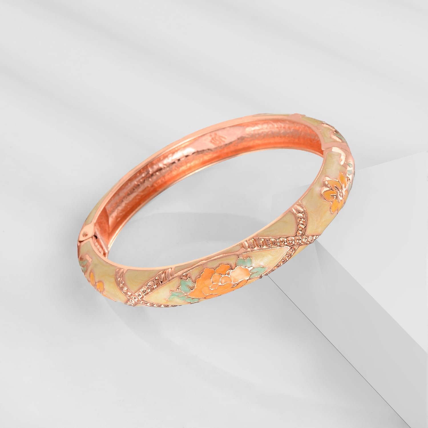 UJOY Classic Cloisonne Bracelets Enamel Jewelry Plated Bamboo Flower Cuff Metal Bangle for Women Gift Box