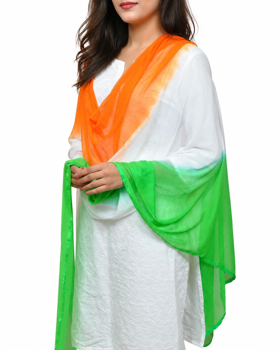 Tiranga Dupatta, Tricolor India Chunni, Independence & Republic Day Ethnic Tri Color, Chiffon Blend & Nylon Net, Orange White Green w/Golden Dots & Tassels, Wrinkle Free | DO NOT IRON-picture-24