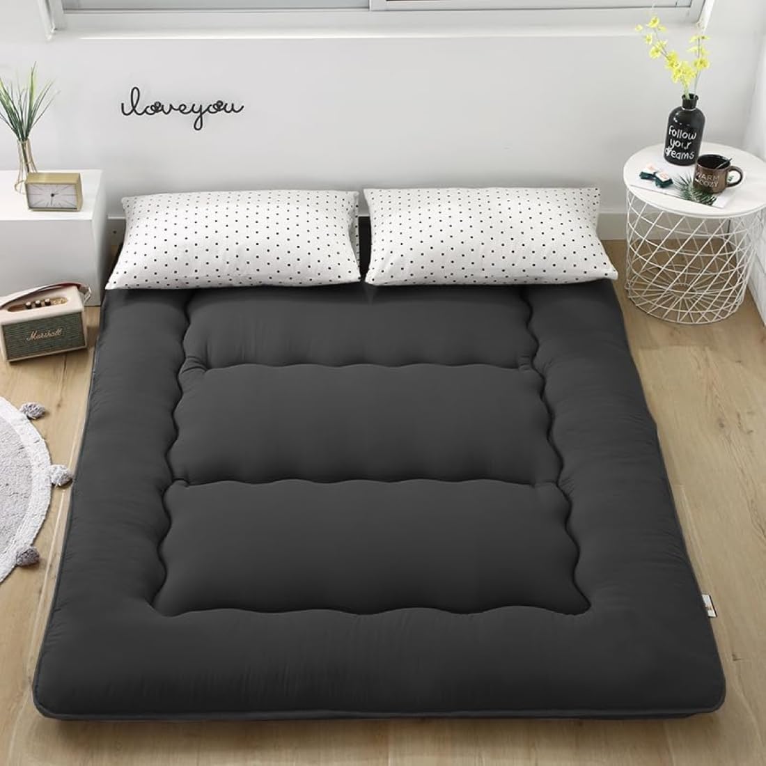 Japanese Floor Mattress,Thicken Japanese Floor Sleeping Pad Foldable,Roll Up Tatami Mat Easy to Store and Portable,Futon Mattress Suitable for Camping and Guest Room (Dark Gray, Full (80" X 47"))