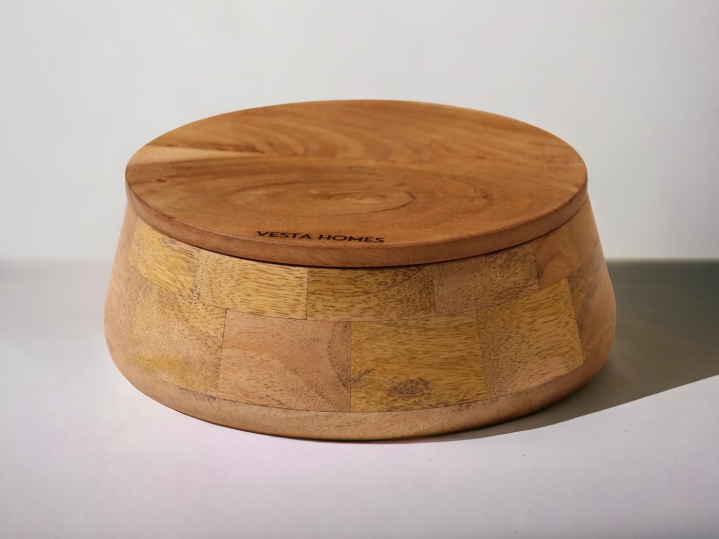 Vesta Homes Wooden Casserole with Lid for Roti, Hot, Masala Box | Serving Bowl for Kitchen and Home | Accessory and Jewellery Box | 9 * 9 * 4 Inches | Premium Mango and Acacia Wood