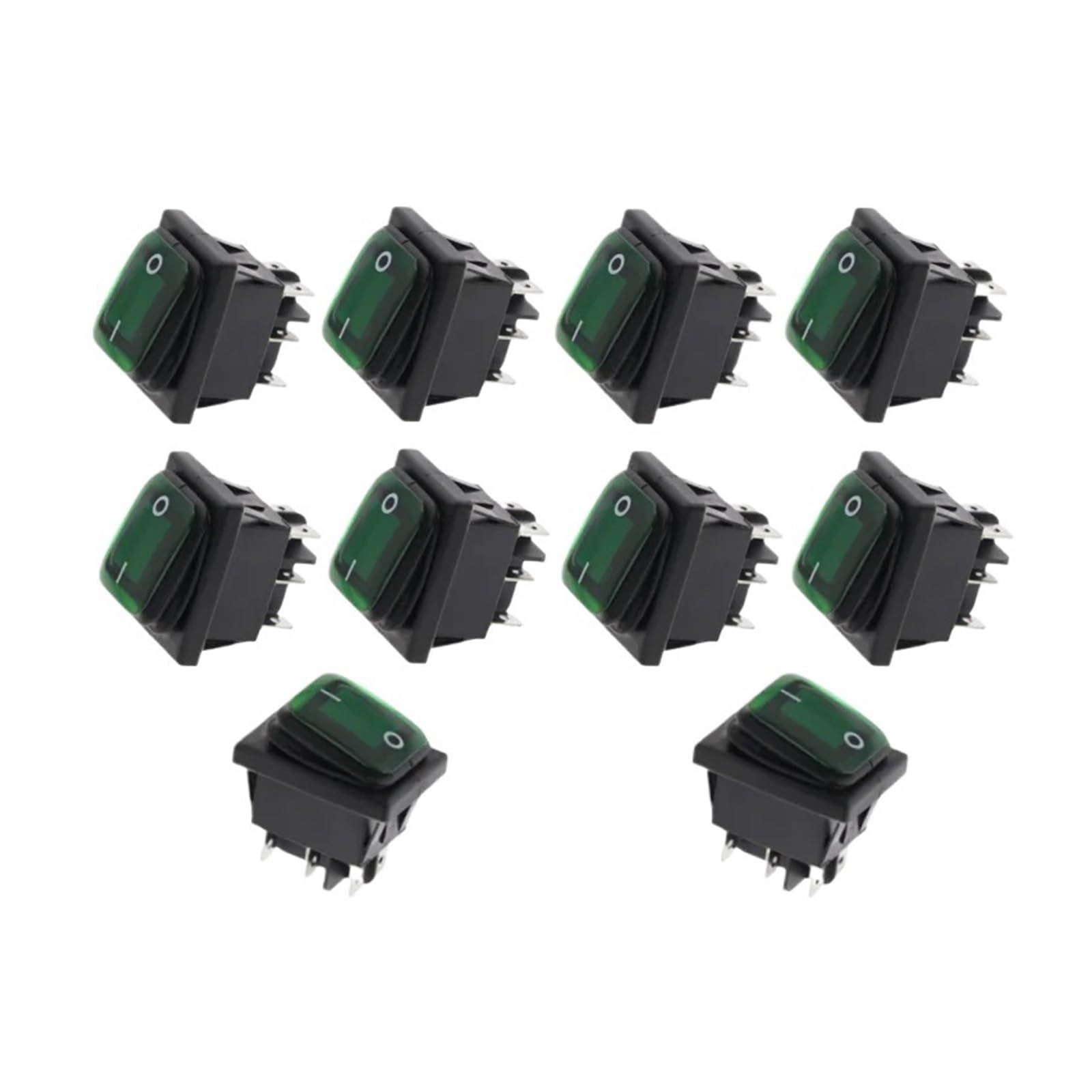 AUOQKQUT 10pcs 2D6P-GREEN 30x22mm Rocker Switch Red LED 220V 16A 250VAC KCD4-201 DPST Switchs 6pin