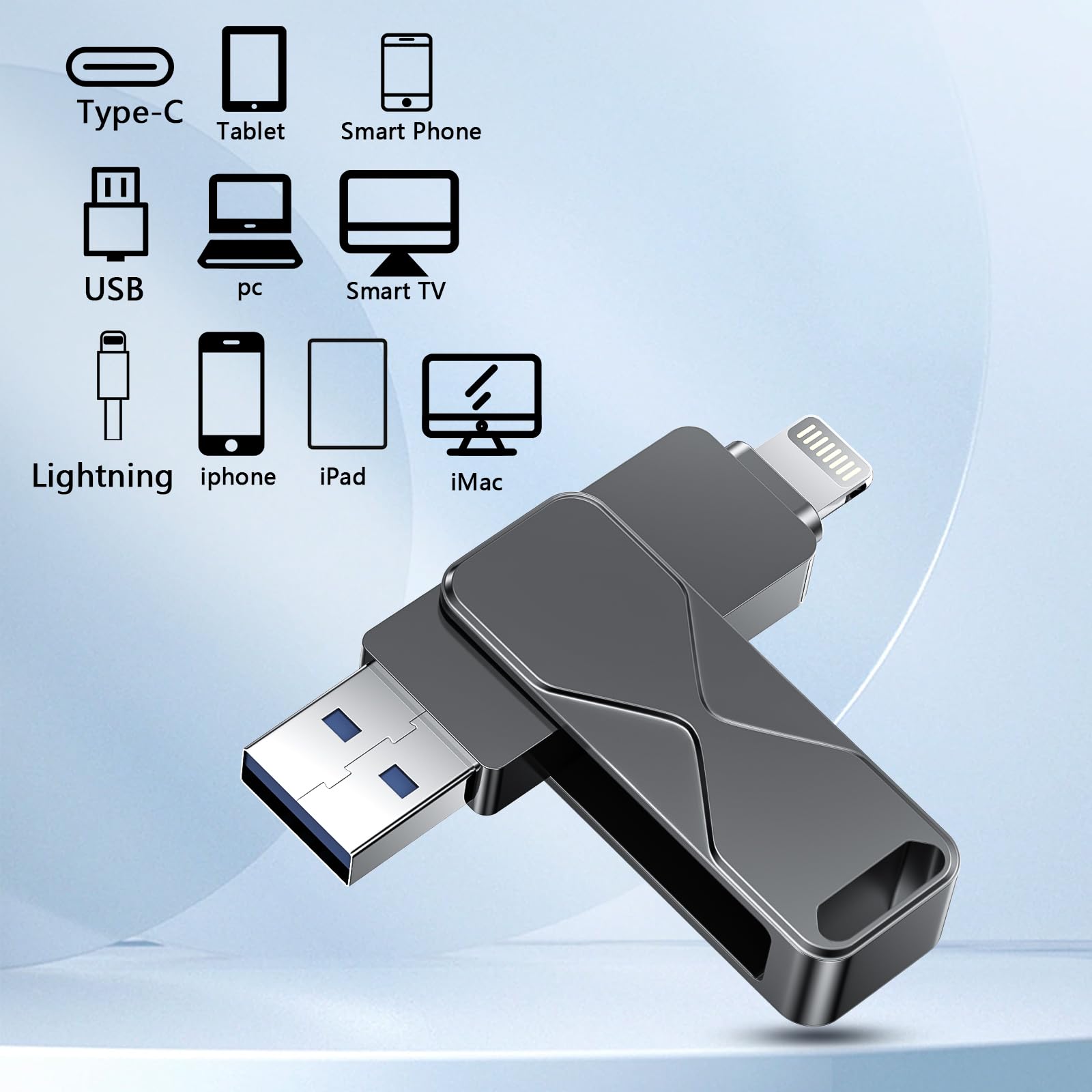 Mfi Certified Lightning 3 in 1 Memory Stick USB per iPhone 256 GB di memoria esterna penna USB per iPhone iPad, iOS, Macbook, Android, PC (nero, 256 GB)