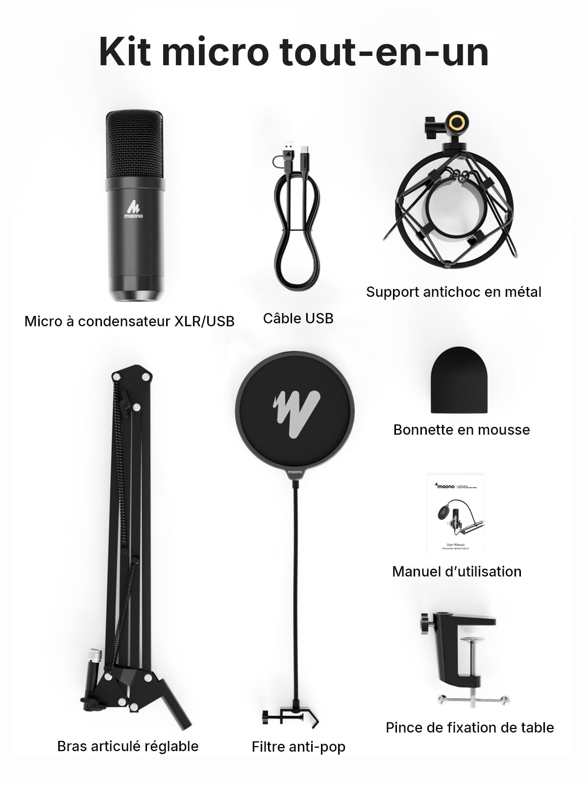 MAONO Microphone à condensateur XLR/USB : 192 kHz/24 bits Plug & Play PC PC Podcast Kit de microphone en métal cardioïde avec logiciel, chipset sonore professionnel pour enregistrement, studio, chant