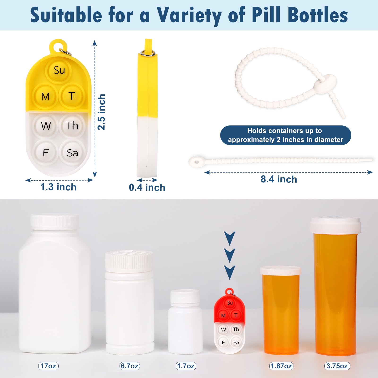 3 Pack Pill Reminder Medication Pill Tracker Bottle with Ties Reusable Daily Medication Tracker Portable with Button 7 Day Memory Aid Medication Dose Silicon for The Elderly Red Yellow Blue(3) — Amazon image 2