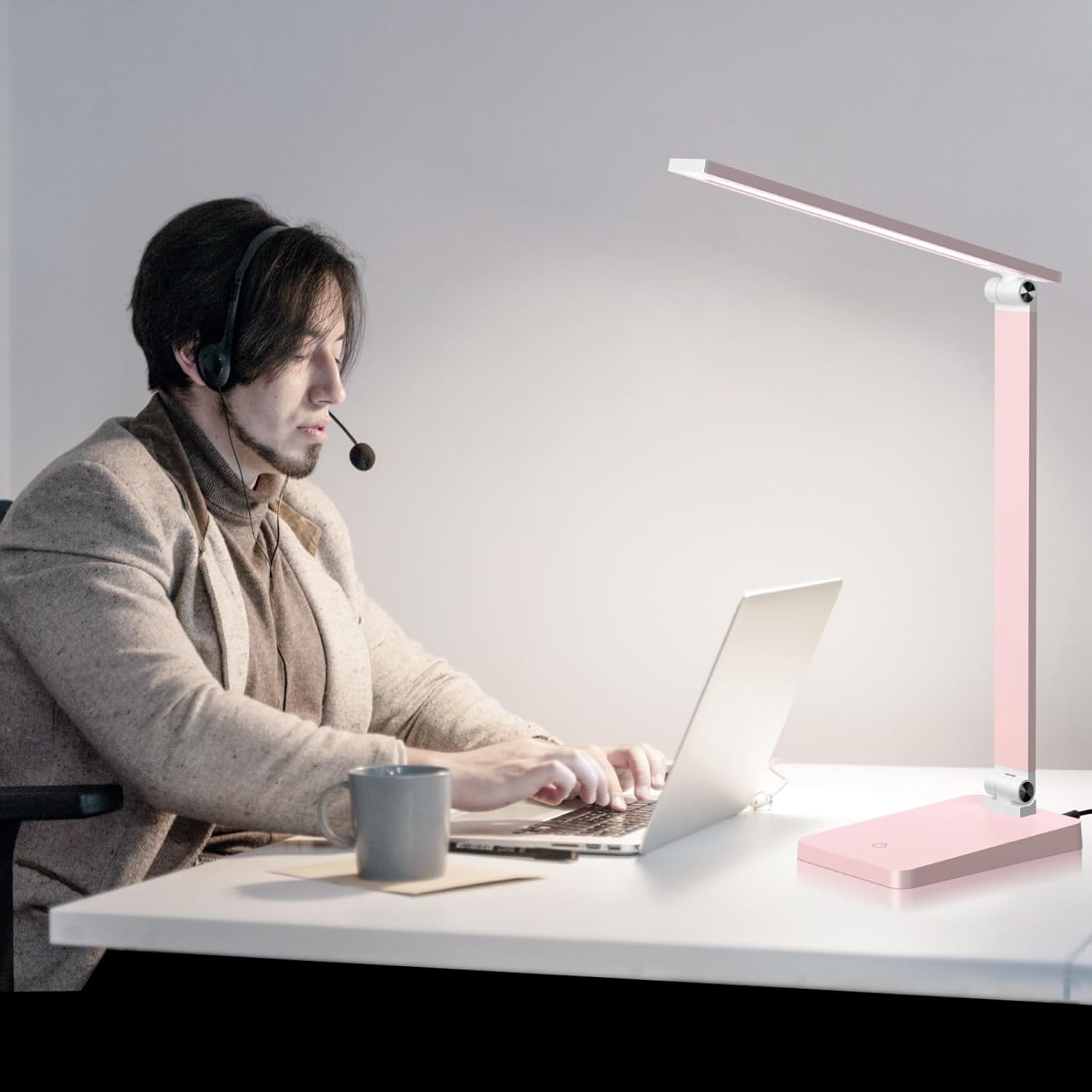 LED Desk Lamp for Home Office, 3 Levels Dimmable Reading Desk Light with USB Charging Port, Desk Accessories Touch Control Table Lamp, Eye-Caring Small Study Lamp for College Dorm Room, Pink, 5000K