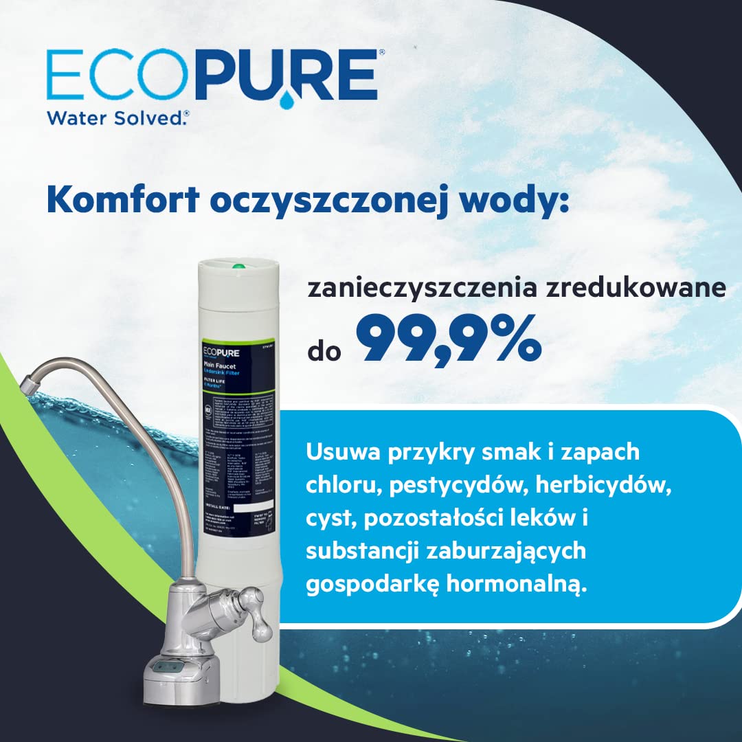 ECOPURE | Filtr wymienny (EPWURF) do systemu filtracji EPWUFF | Redukuje osady, chlor i cysty | Dla czystej wody bez zapachu chloru | Żywotność: 6 miesięcy/7 500L wody