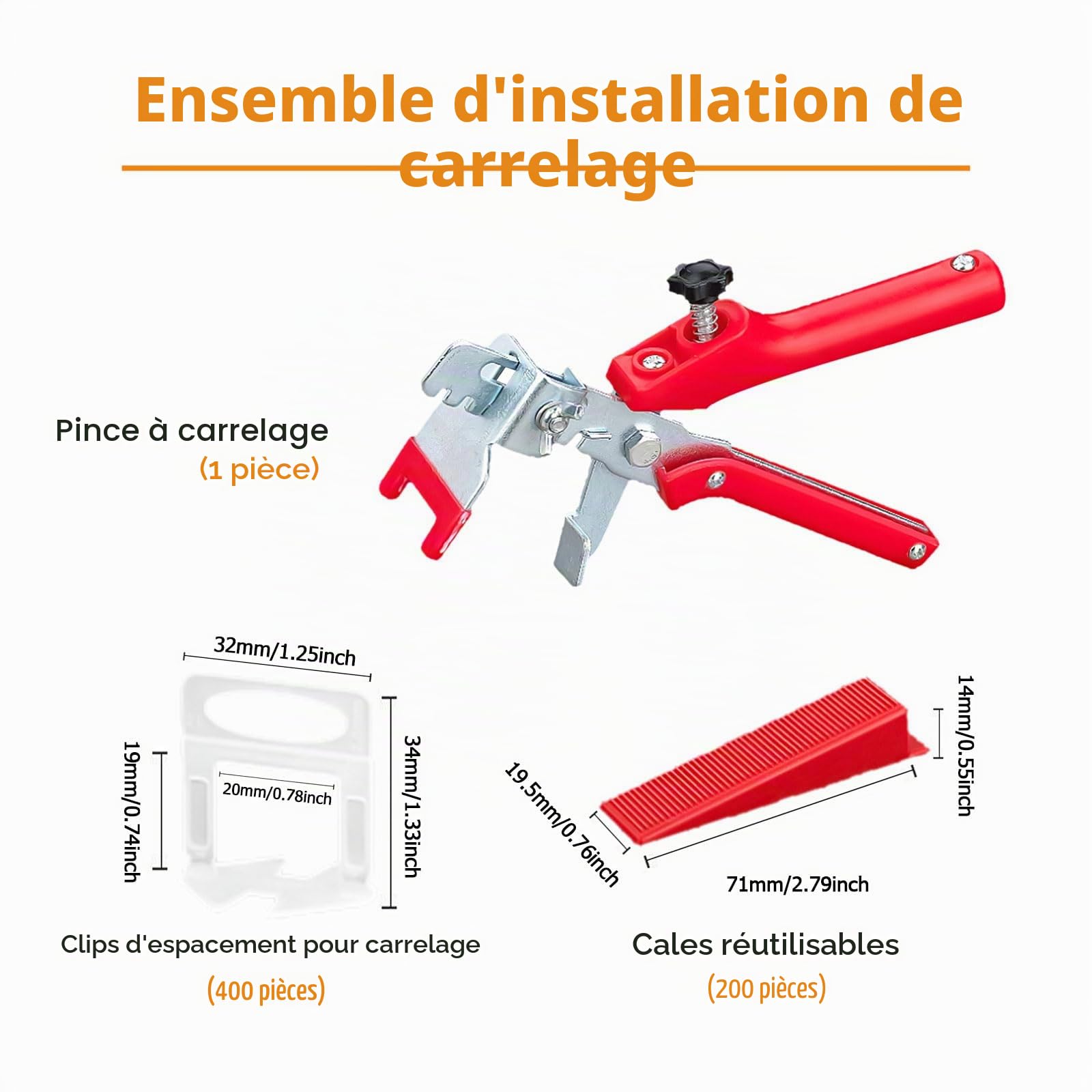 Kit Nivellement Carrelage avec 1 Pince, 2mm 400 Pièces Clips, 200 Cales Réutilisables, Système Croisillon Joint Carrelage Autonivelant, Outillage Niveleur Carrelage pour Bricolage et Professionnels