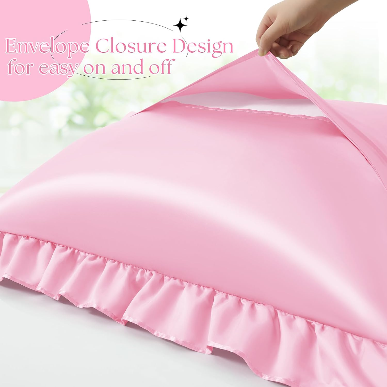 Pink Ruffle Pillow Shams Set of 2, 18 x 18 Inch Satin Ruffle Pillow Covers for Hair and Skin, Silky Pillowcase with Envelope Closure, Anti Wrinkle Ruffled Pillowcase for Sofa, Bed