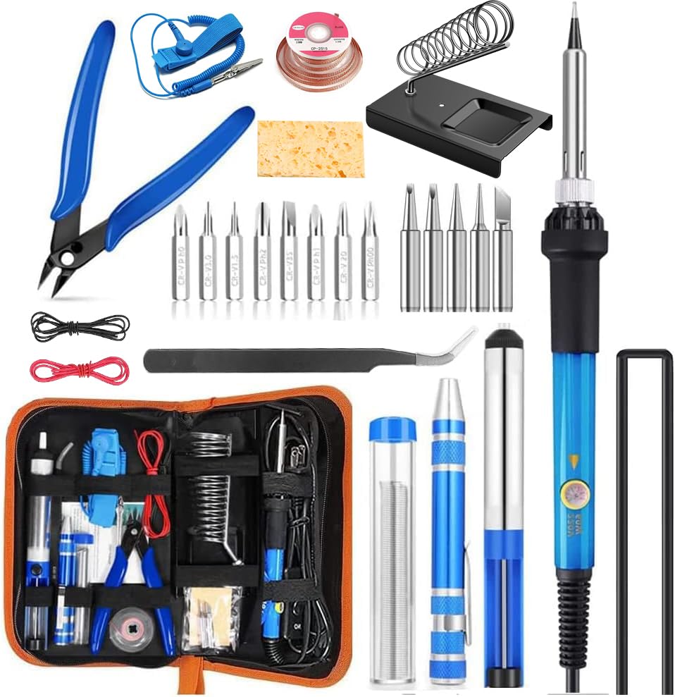 SUYA Electronic Soldering Iron Kit, 60W Soldering Welding Iron Tools with ON-Off Switch, 5pcs Soldering Iron Tips, Solder Sucker, Tweezers, Soldering Iron Stand, Wire Cutter,Solder Wire, PU Carry Bag