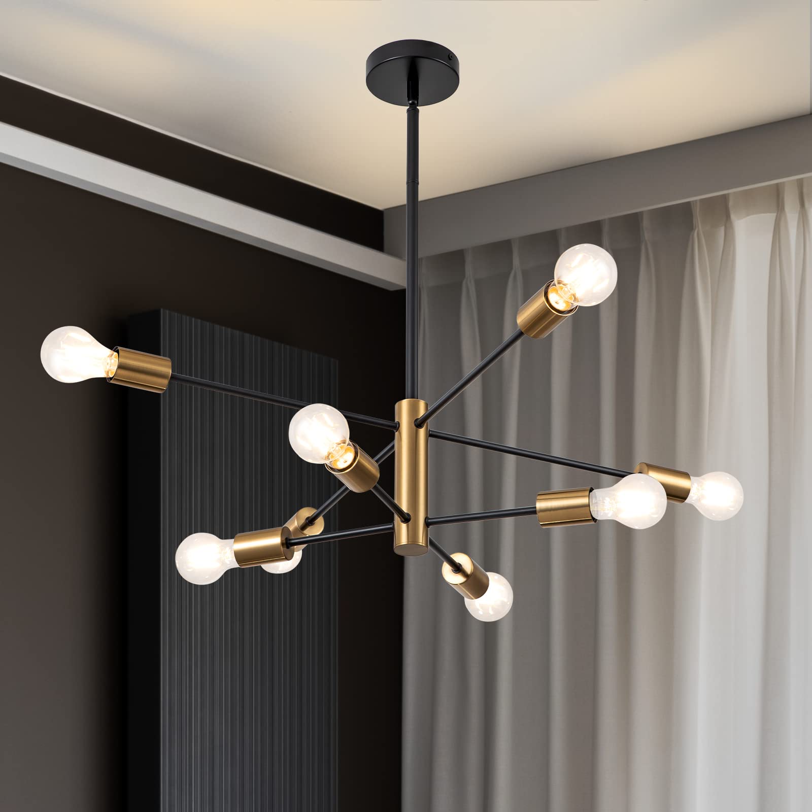 SineRise Modern Sputnik Chandelier Light Fixture, 8-Light Chandelier Ceiling Light Fixture Black and Gold Mid Century Chandelier Height Adjustable for Kitchen, Living Room, Bedroom, Hallway and Foyer