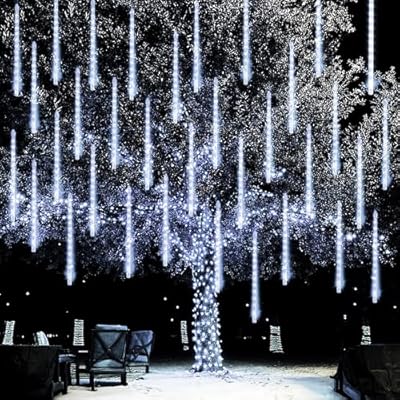 Dazzle Bright Christmas Lights Outdoor, 288LED Meteor Shower Rain Lights 12 Inch 8 Tubes, Waterproof Plug in Falling Icicle Lights Christmas Decorations for Xmas Tree Yard House Decor (White)
