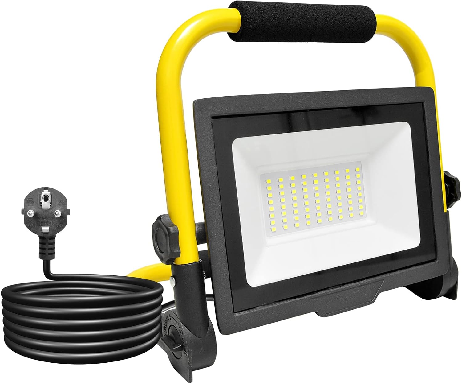 RIGIDON Foco de Trabajo LED 50W, 5000LM Portatil Proyector Led, Giratorio 360º, Soporte Plegable, IP66 Focos Led Uso en Interiores y Exterior, Para Obra Taller Garaje Jardín, 6000K Blanca