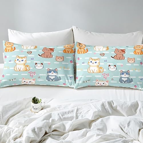 Vista 6 de Funda de edredón con estampado de gatos de dibujos animados, para niños, niñas, amantes de los gatos, funda de edredón rosa con corazón y fresa