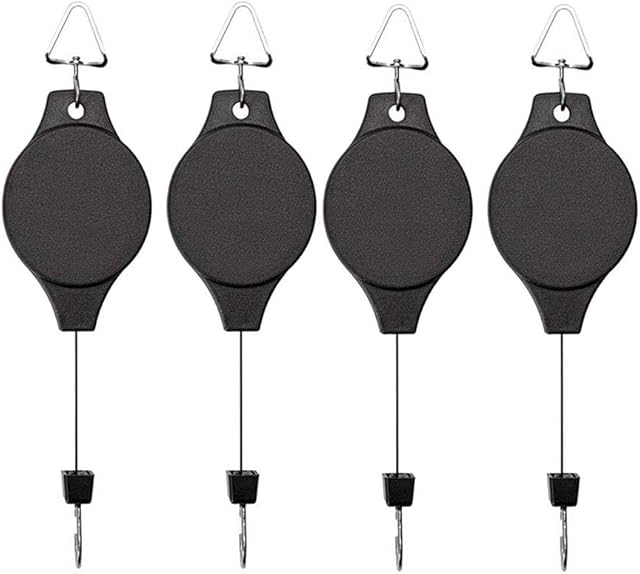 Lythor 4 Pack Plant Hook Pulley, Retractable Plant Hanger Easy Reach Hanging Flower Basket for Garden Baskets Pots and Birds Feeder Hang High up and Pull Down to Water Or Feed (4, Plant Hooks)