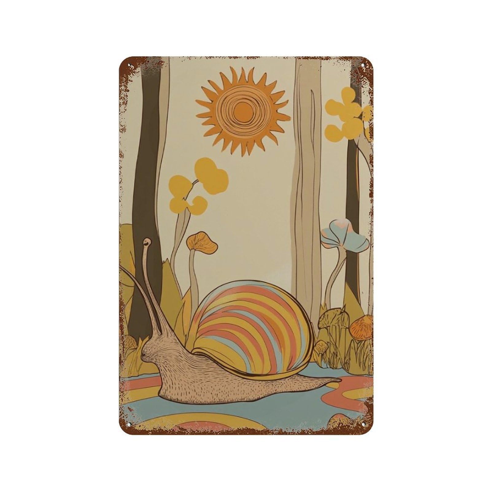xiaoxiaoshen Snail Mid Century Modern Retro Nature Woodland Animal Orange Sun Landscape Minim Wall Decor Art Metal Tin Poster Modern Home Decor Art Home Bar Shop Decorations Vintage Sign 30x20cm