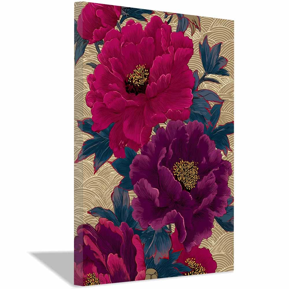 Xeniou Multicolor Flowers Canvas Japanese Peony Woodblock Art Canvas Wall Art, For Bedroom Office Home Decorations(Multicolor)-20X30cm Framed