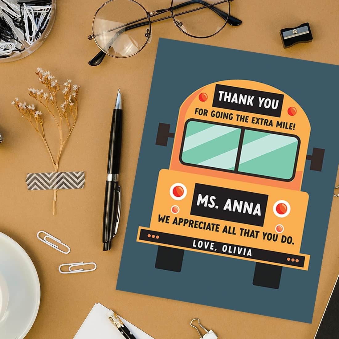 Andaz Press Personalized Jumbo Teacher Appreciation Cards - Going The Extra Mile Custom Names, Thank You Card with Envelope, Teacher Cards with Big Blank Space for Thank You Notes 8.5" x 11", 1-Pack