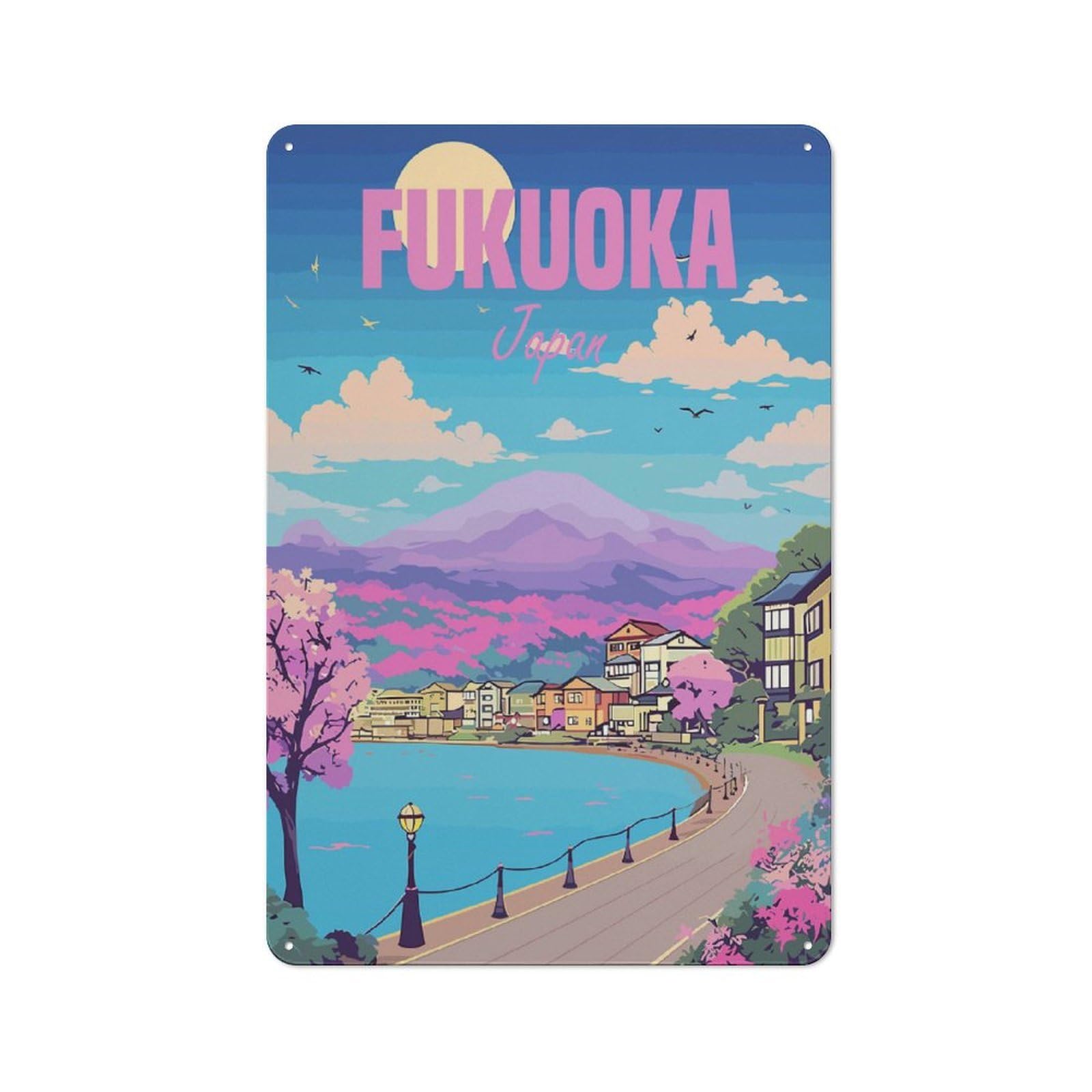 Fukuoka Japan Warehouse Style Metal Wall Decor 30x20cm, Industrial Metal Sign for Workspace, Cafe, Hallway Or Garage