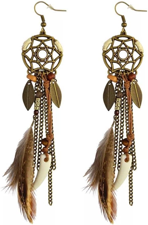 Brown Dream Catcher Feather Earrings Vintage Bohemian Ethnic Dangle Earrings for Women