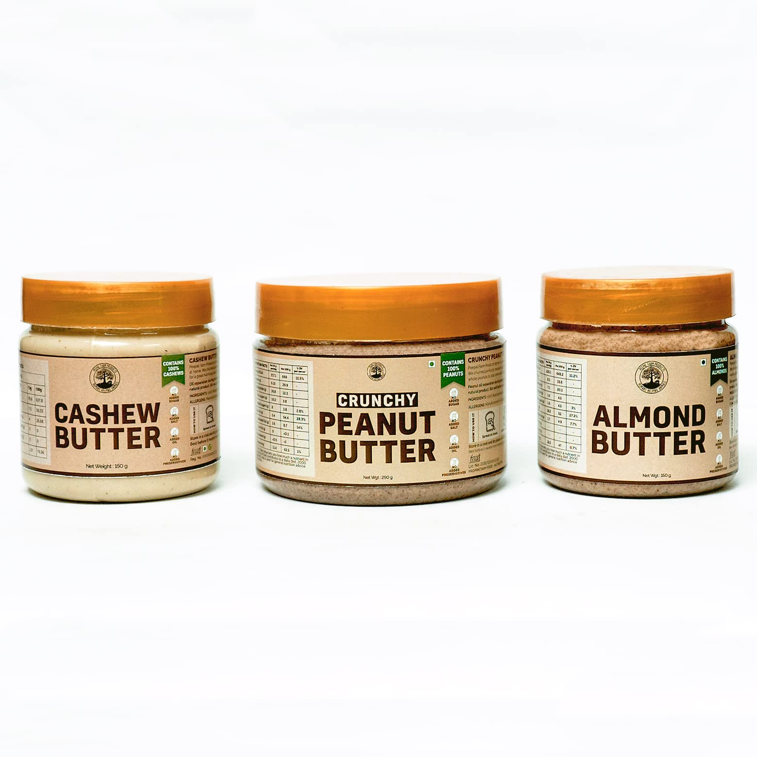 Peepal Farm Handmade Vegan Nut Butters Combo Pack of 3 | Crunchy Peanut Butter - 250g | Almond Butter- 150g | Cashew Butter - 150g | No Added Sugar or Salt or Preservatives or Artificial Flavours