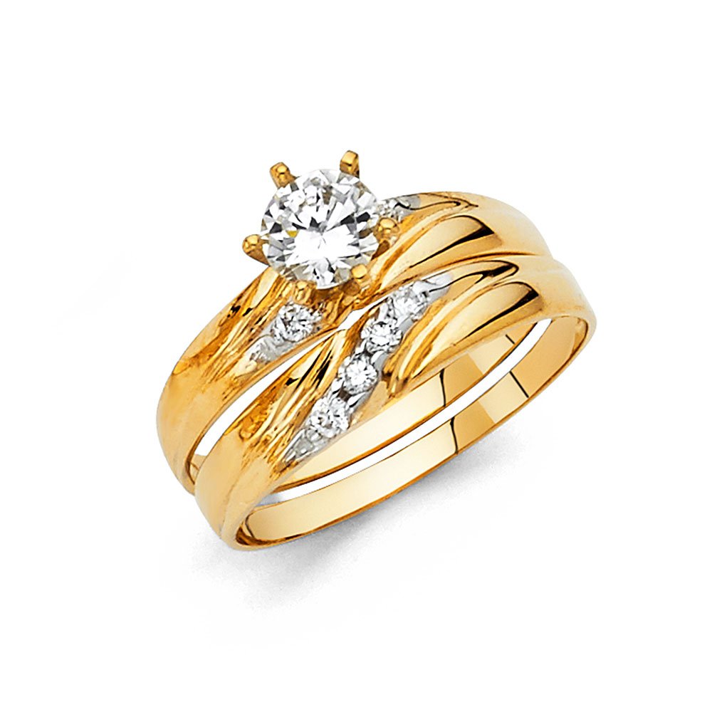 Ladies 14k Yellow Gold Engagement Ring and Wedding Band Bridal Set - Size 8