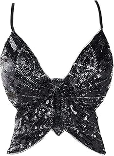Womens Glitter Sequin Butterfly Crop Top Sparkly Tank Top Rave Tube Vest Top,Butterfly Sequin Halter Top Bandage Tank Top,...