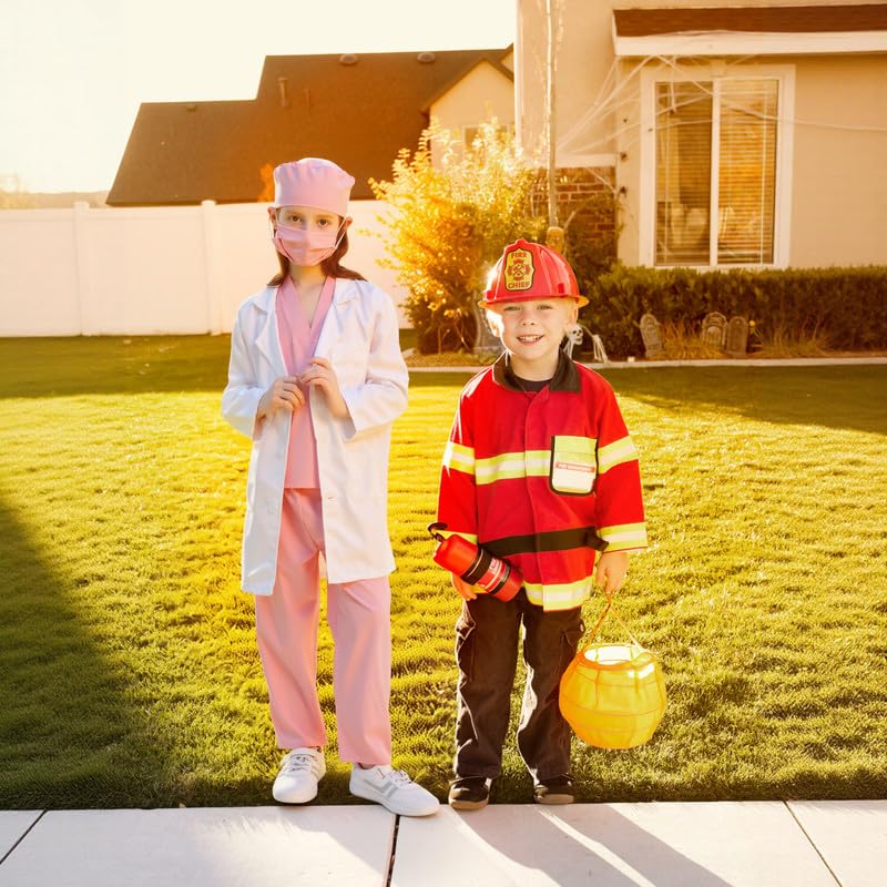 Arztkoffer Kostüm für Kinder mit Arztkittel, Medizinkoffer, Thermometer, Stethoskop, Spritze, Mundendoskop usw., Kinder OP Kleidung mit Laborkittel für Halloween von 9 bis 12 Jahren Rosa