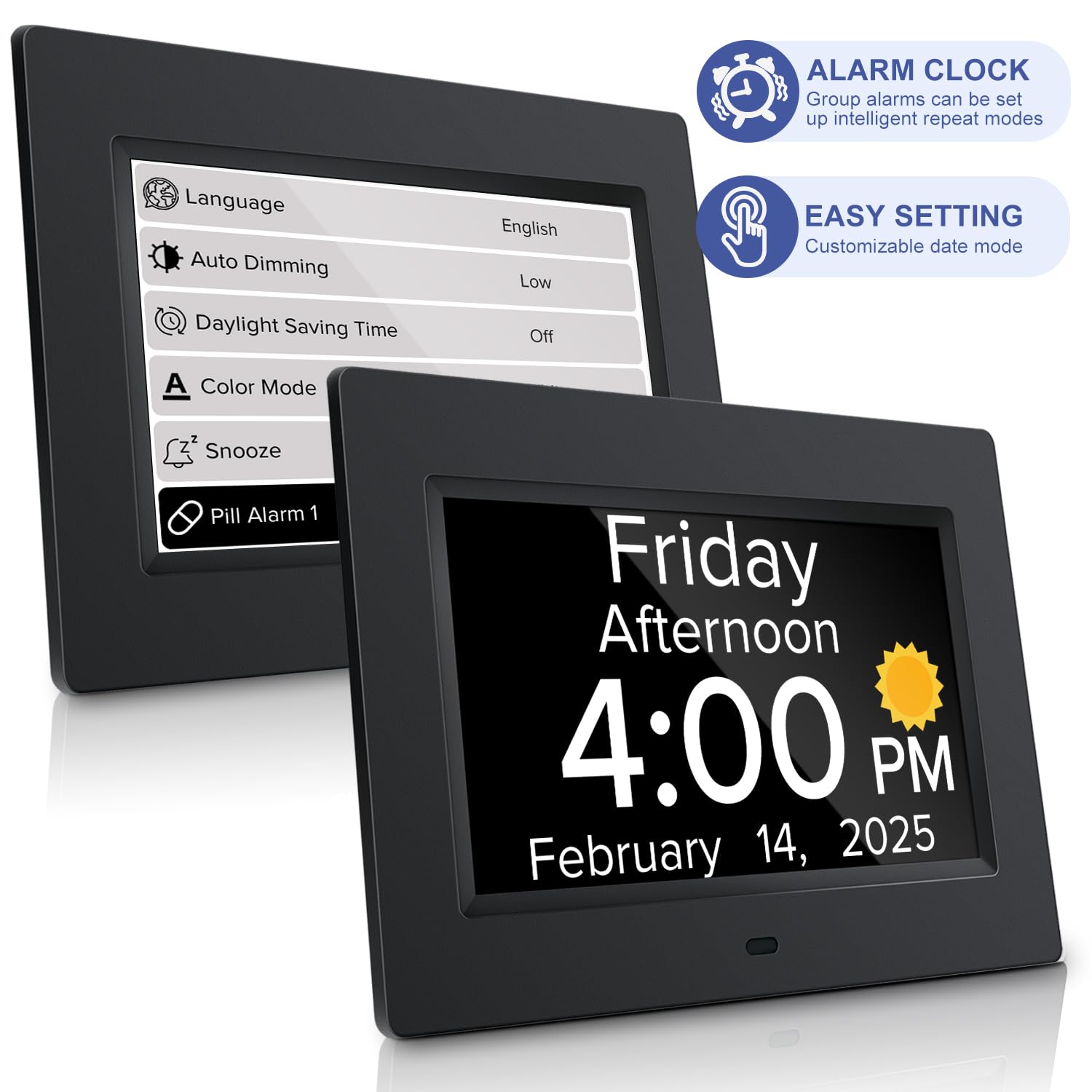 Mitoart Digital Alarm Clock with Date and Day of Week for Dementia Seniors, Voice Announcement Time, Multiple Alarm Sets, Auto DST, Designed Specifically for Elderly - Black