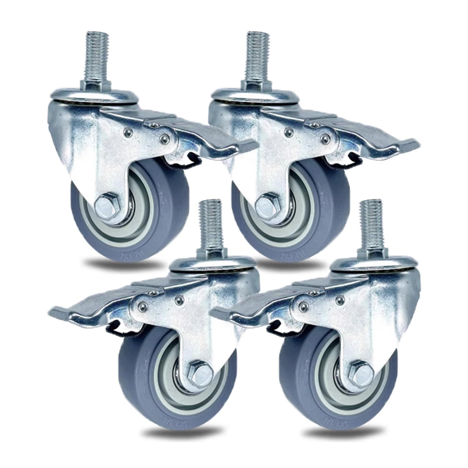 GYRAZXS 75mm Heavy Duty Swivel Castors with Brake 4 Pack Rubber Threaded Castors M14 M16 M20 300 kg Capacity Furniture & Appliance Wheels for Trolleys