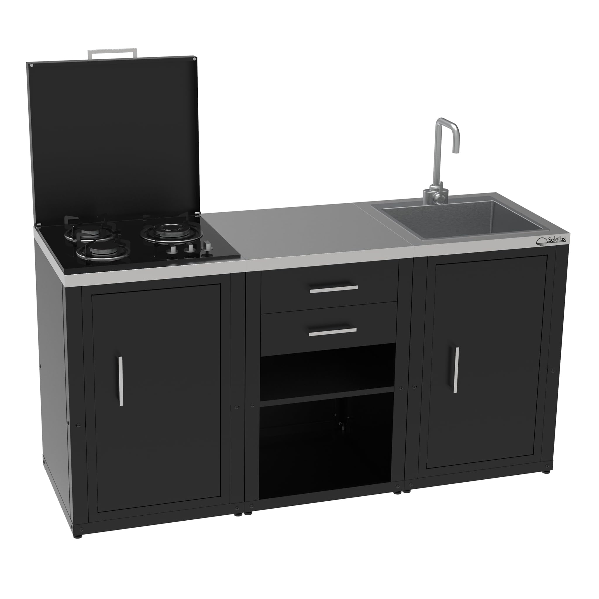 Set cucina da esterno a gas 3 elementi con lavello, rubinetto e tagliere con 2 cassetti estraibili - struttura in acciaio e piano in acciaio inox - Nero