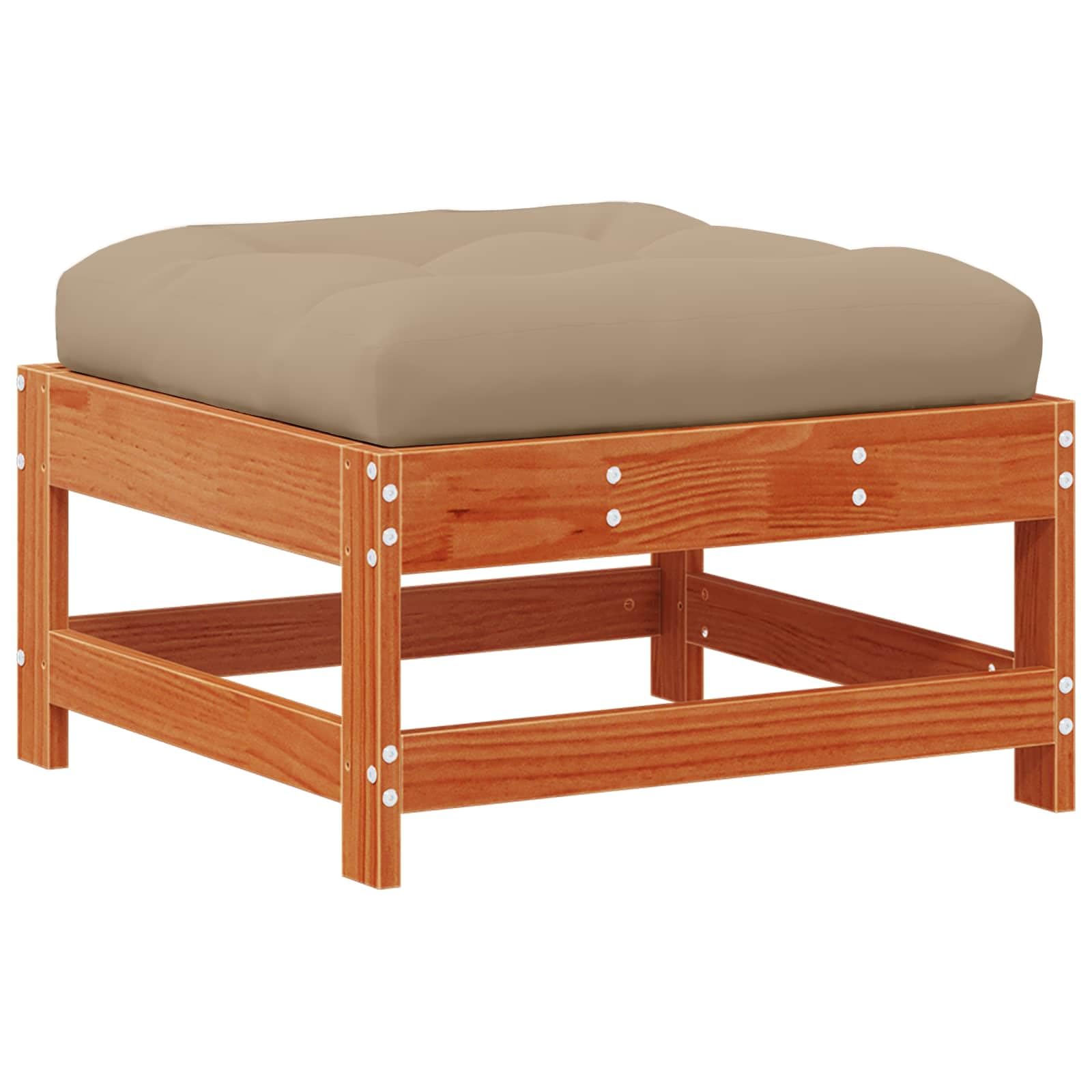 Reposapiés de jardín con cojines, elemento modular de madera de pino maciza, color marrón cera, 62 x 62 x 32 cm, versátil mueble de exterior para patio, balcón y jardín