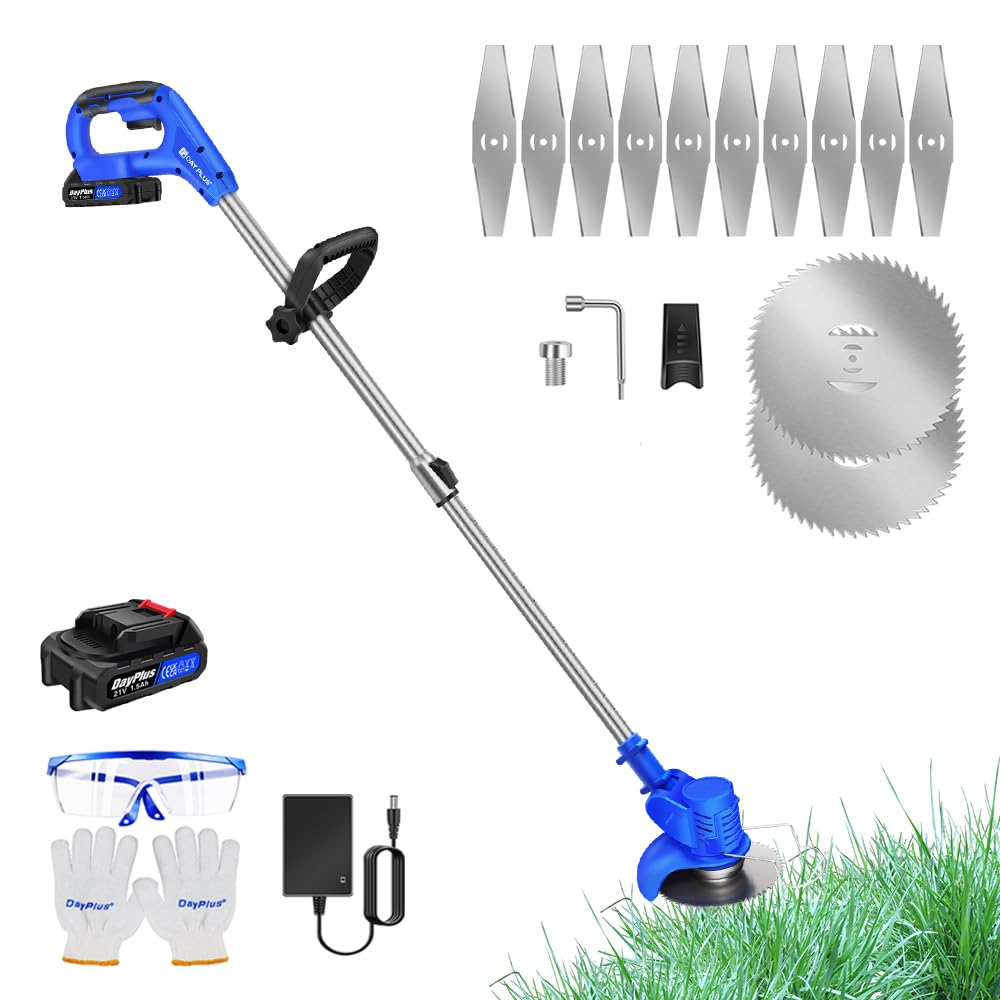 Grass Trimmers 21V Cordless Strimmer with Battery and Charger -Lightweight Electric String Edger with 10x Metal Blades and 2x Circular Saw Blades - Telescopic Tube, Adjustable Head