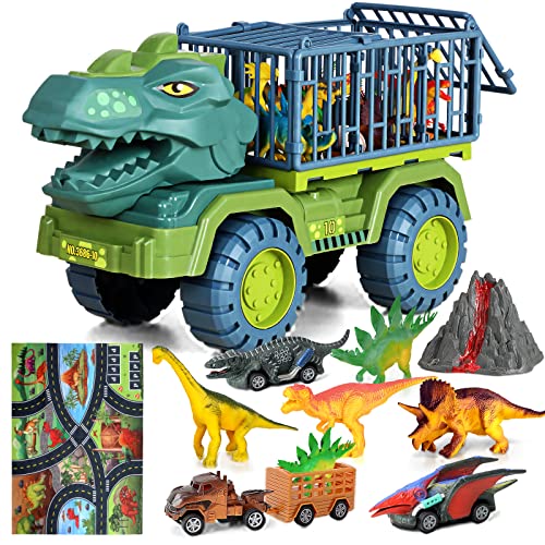 Deejoy Toy Truck, Dinosaur Transport Car with Dinosaur Toys, Dinosaur Pull Back car, Play mat, Dinosaur Identification Cards, Dinosaur Playset Birthday Gift for Kids Boys Grils 3 4 5 6 7