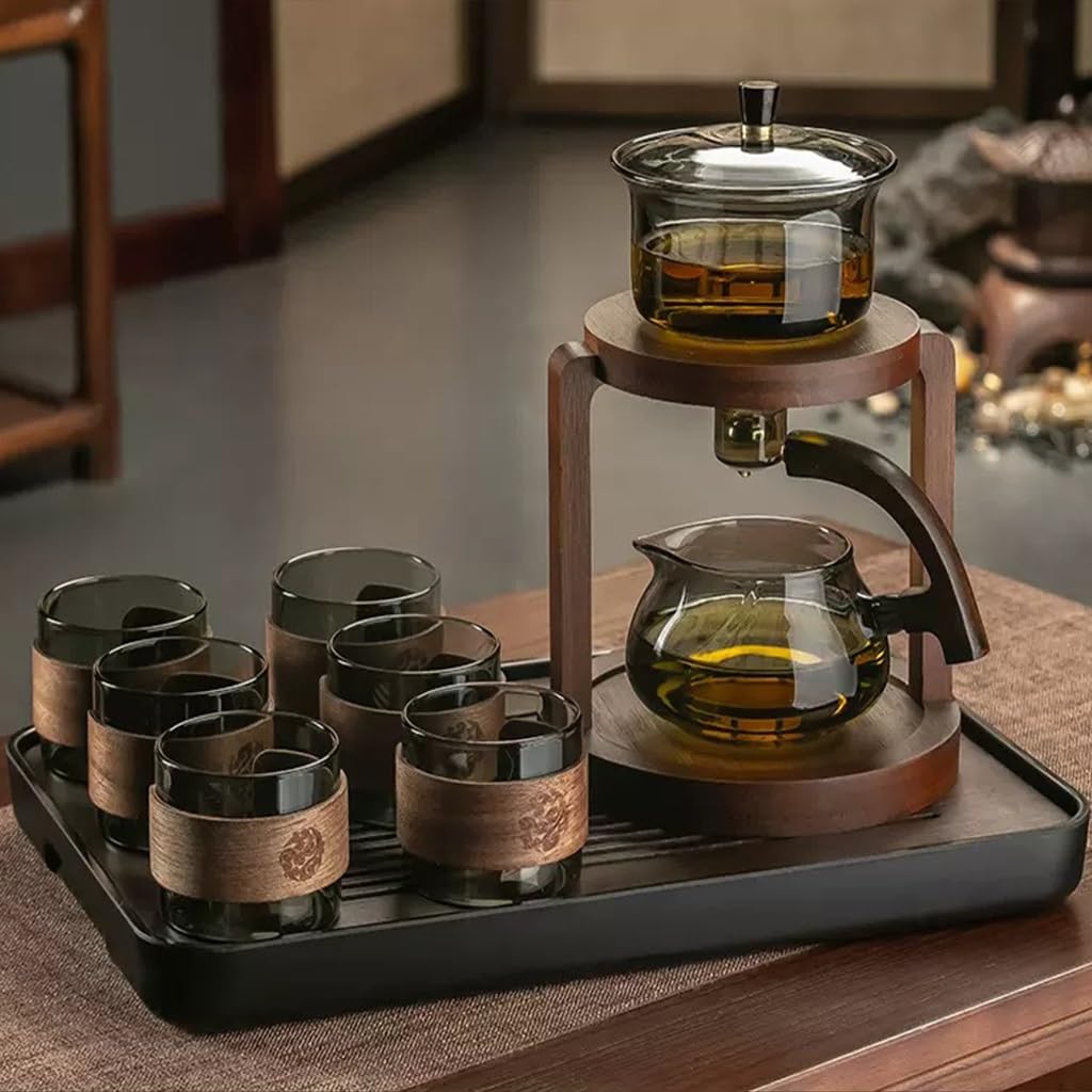 Hochwertig Lazy Tea Set Vintage Teekanne Holzsockel Hitzebeständiges Glas - Teeset, Magnetische Wasserumleitung, Halbautomatisches Teeset Ideal Für Grüntee, Kräutertee Und Tee (Durchscheinend)