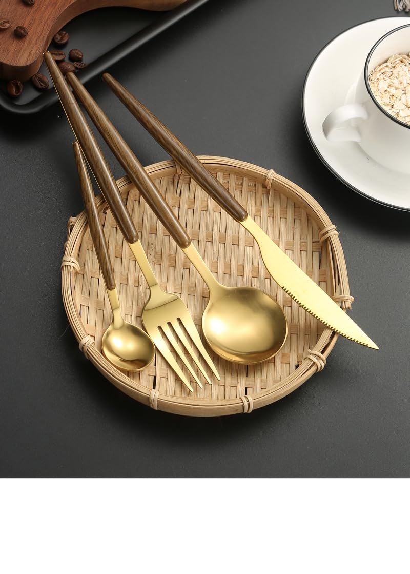 Cubiertos Acero Inoxidable 410 Color Nogal Dorado 4 Juegos | Cuchillo tenedor y cuchara de mesa con mango no de madera