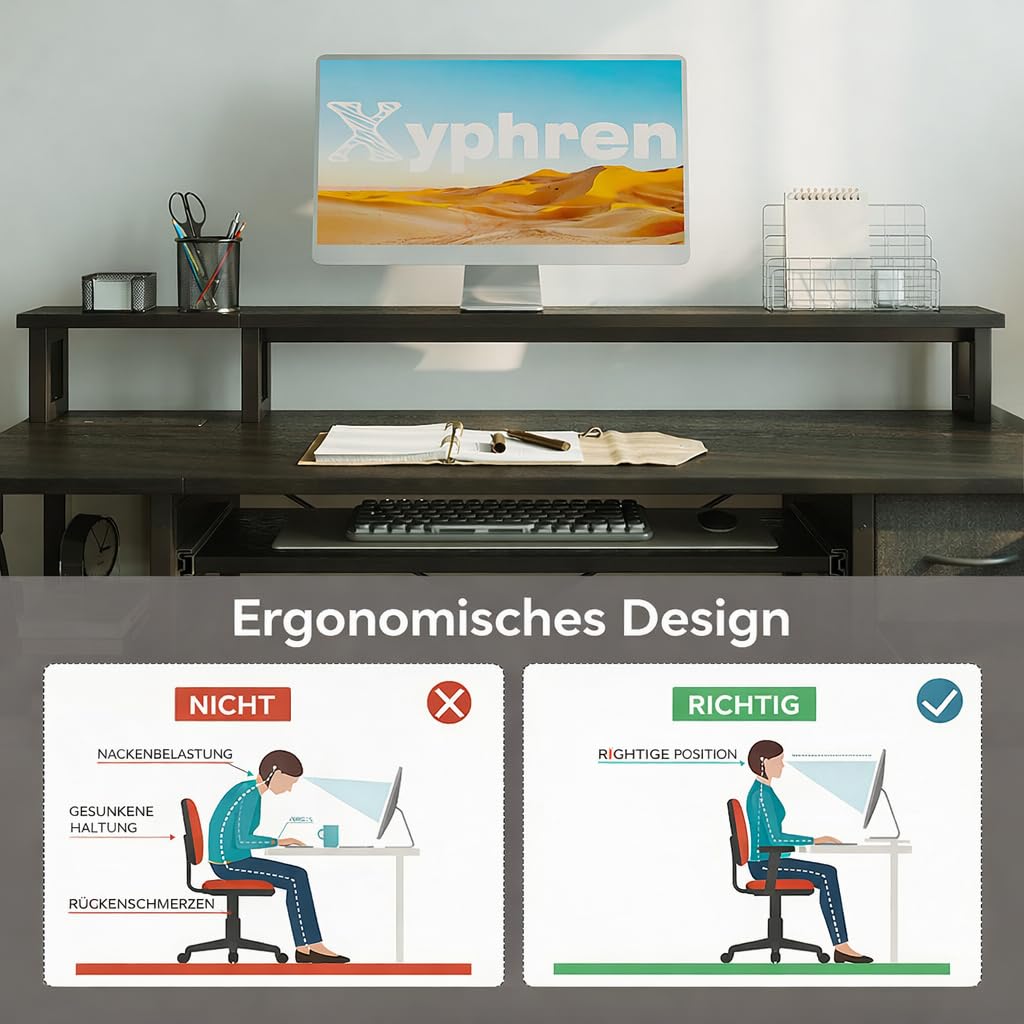 Scrivania con 2 cassetti, 120 x 50 cm, tavolo da gioco con ripiano per tastiera, ripiano laterale regolabile in altezza, supporto per monitor e presa per casa, ufficio e soggiorno, nero