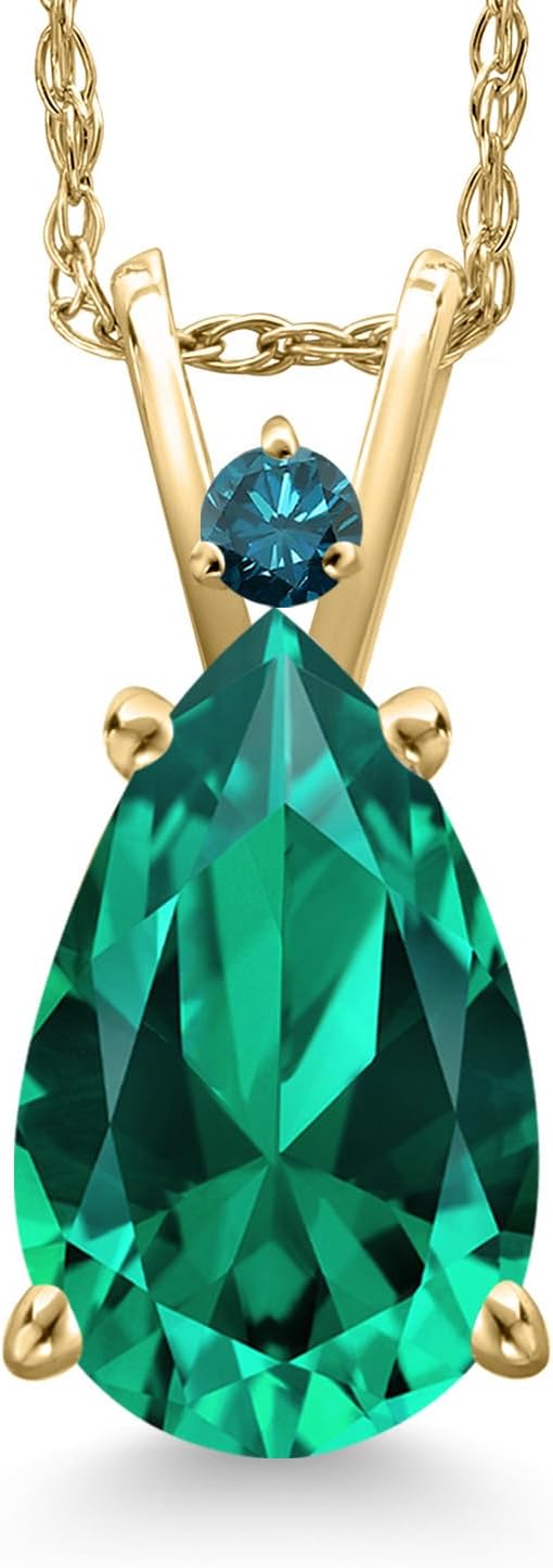 Gem Stone King 14K Yellow Gold Green Nano Emerald and Blue Diamond Pendant Necklace for Women | 2.47 Cttw | Gemstone May Birthstone | Pear Shape 12X8MM | With 18 Inch Chain