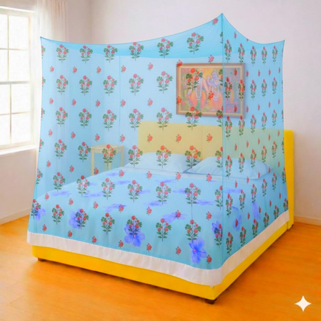 Poly-Cotton Mix Mosquito net Double Bed King Size Queen Size Single Bed Machardani Nylon Cotton Mosquito net (Blue-Printed-Nur, 6X7)