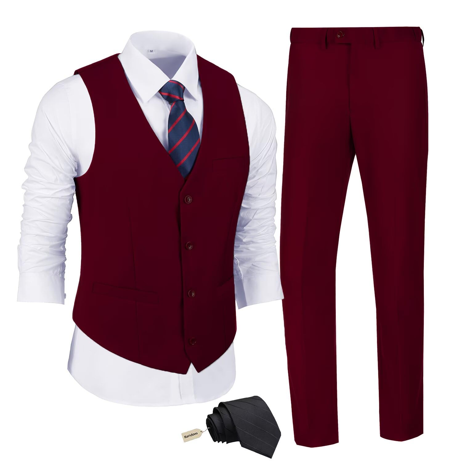 JPF Men's 2 Piece Slim Fit Suit Set, Solid Vest and Pants Suit for Men with Tie