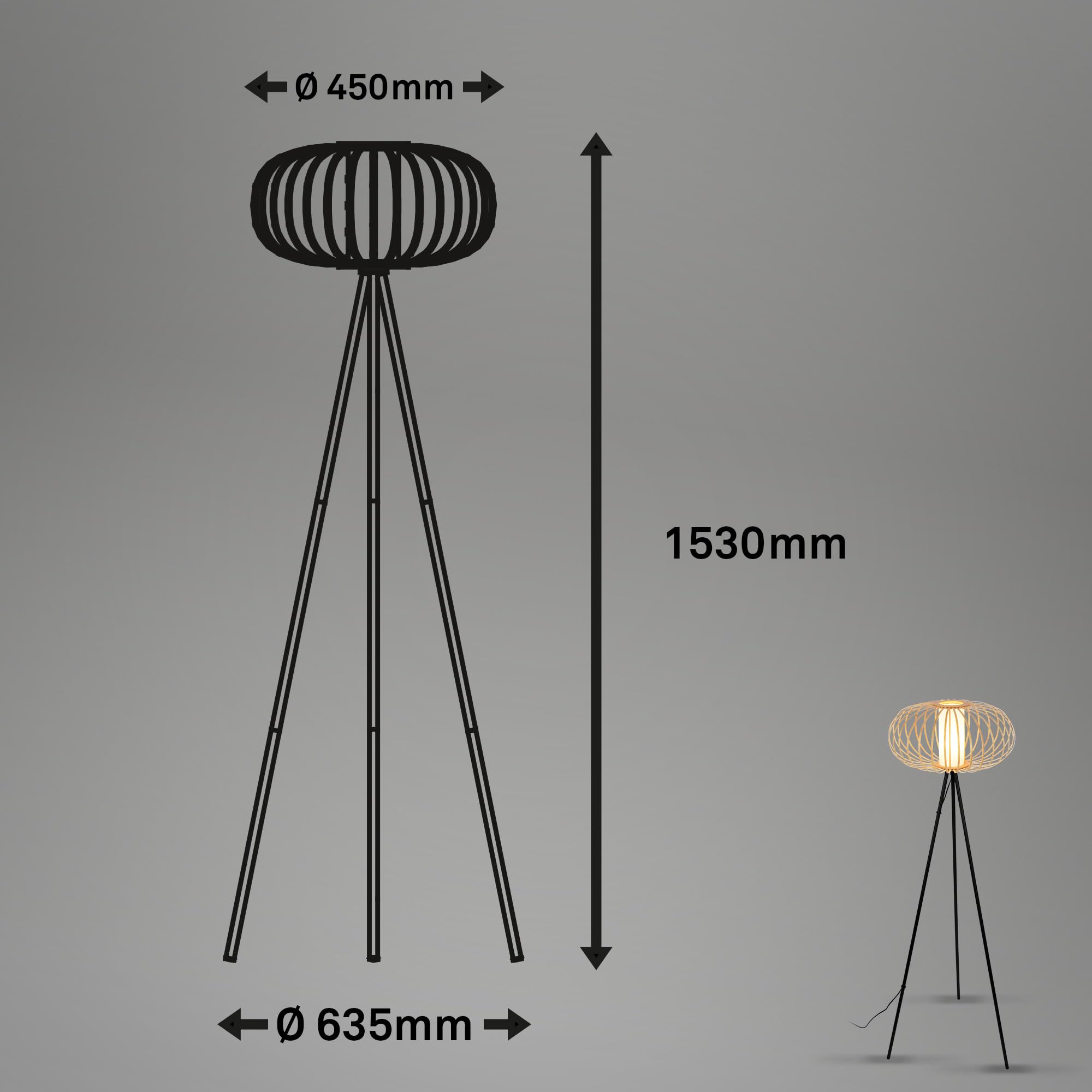Briloner - Lámpara de Pie para el Salón, Lámpara de Lectura, Lámpara de Salón, Lámpara de Pie de Madera, Boho, Dormitorio deco, Lámpara de Pie, Casquillo E27, Negro-Madera