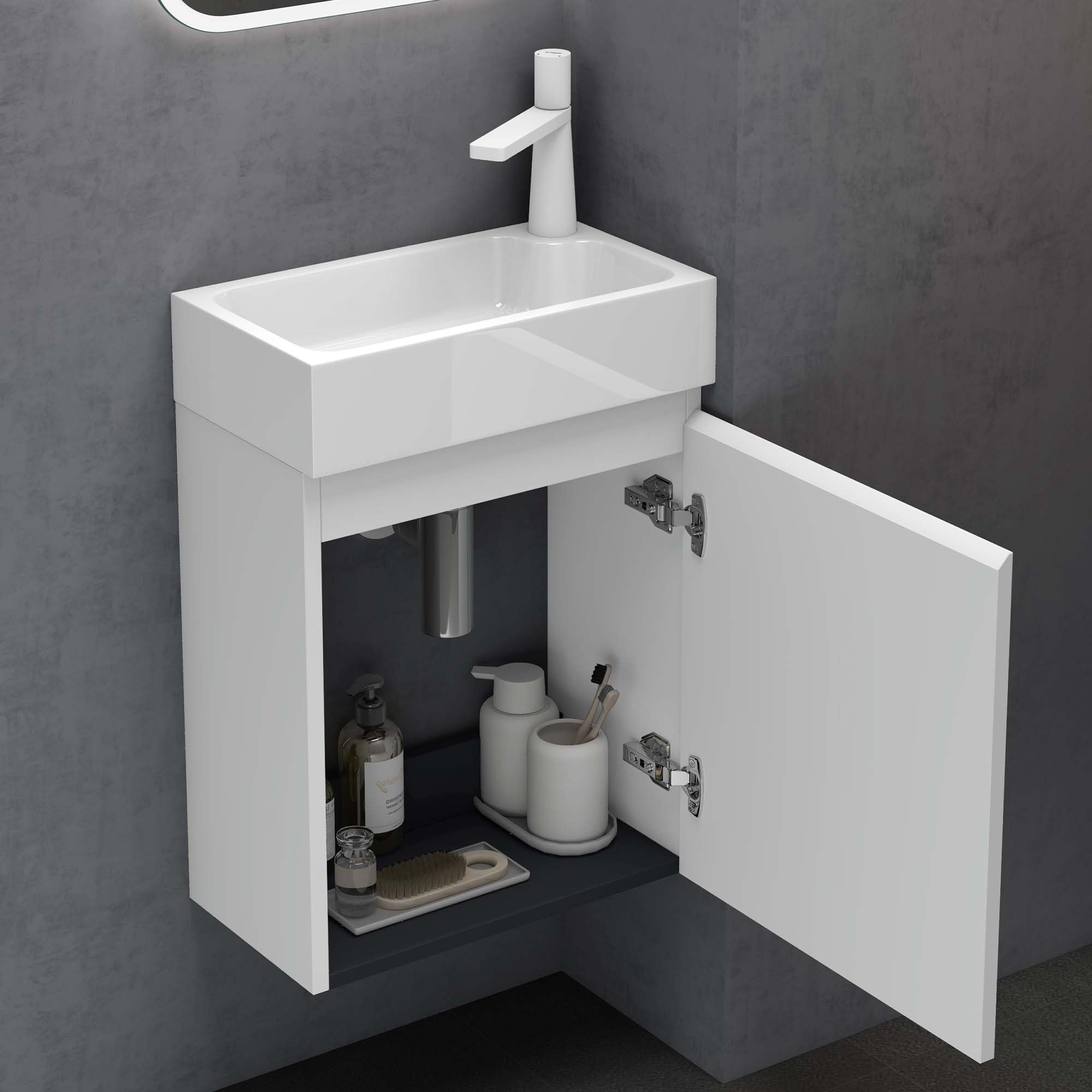 doporro Badmöbel Set Waschtisch mit Unterschrank Waschbecken-Unterschrank für Gäste-WC 46cm in matt weiß Design Waschplatz Wandmontage Pisa 02