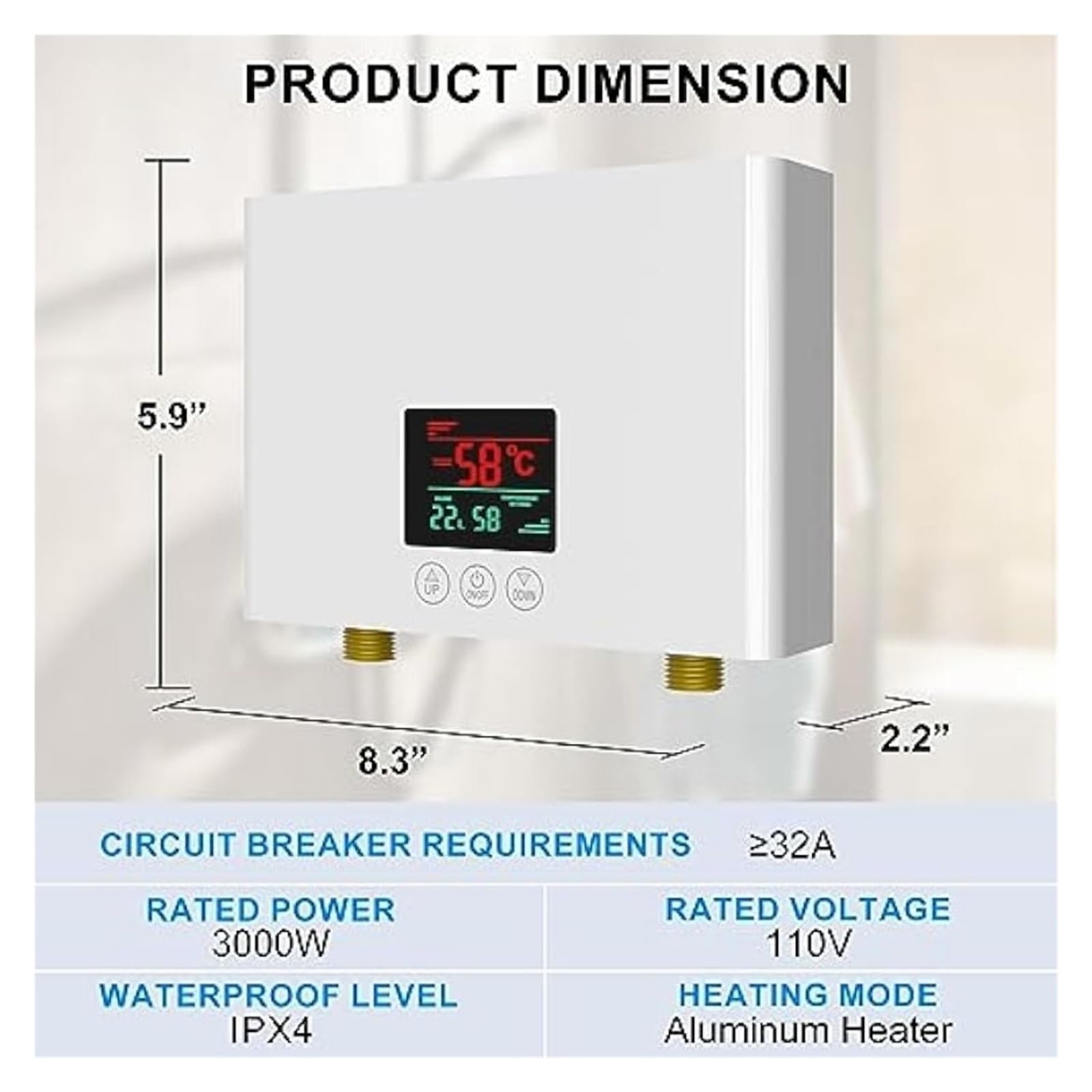 Calentador De Agua Eléctrico Sin Tanque 3000 W Con Control Remoto Y Pantalla LED - Automático Función Autoprueba Fallas Compacto y duradero
