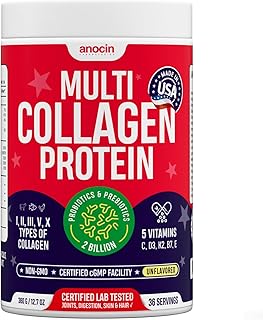 Multi Collagen Peptides with Probiotics + Type I, II, III, V, X + Hydrolyzed Collagen Powder with Vitamin C+D3+B7+K2+E Hyaluronic Acid, Supports Skin Hair Nail & Joint, Grass-Fed, Non-GMO