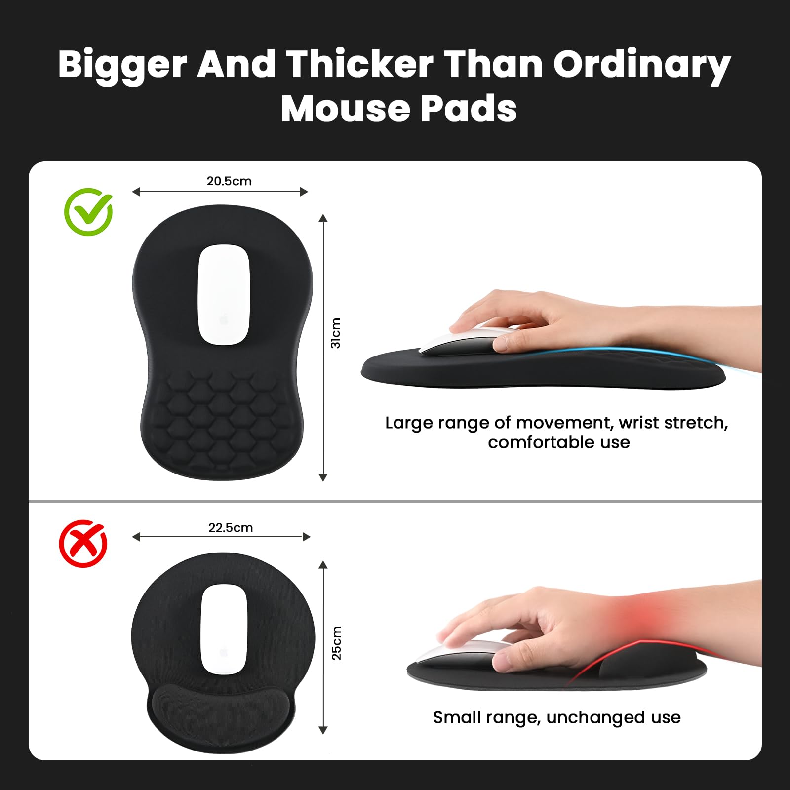 EooCoo Mouse Mat Wrist Support with Massage Design, Gaming Mouse Pad, Ergonomic Wrist Rest Pain Relief Mousepad with Smooth Lycra Surface & Non-Slip PU Base, Home Office PC Desk Accessories, Black — view 5