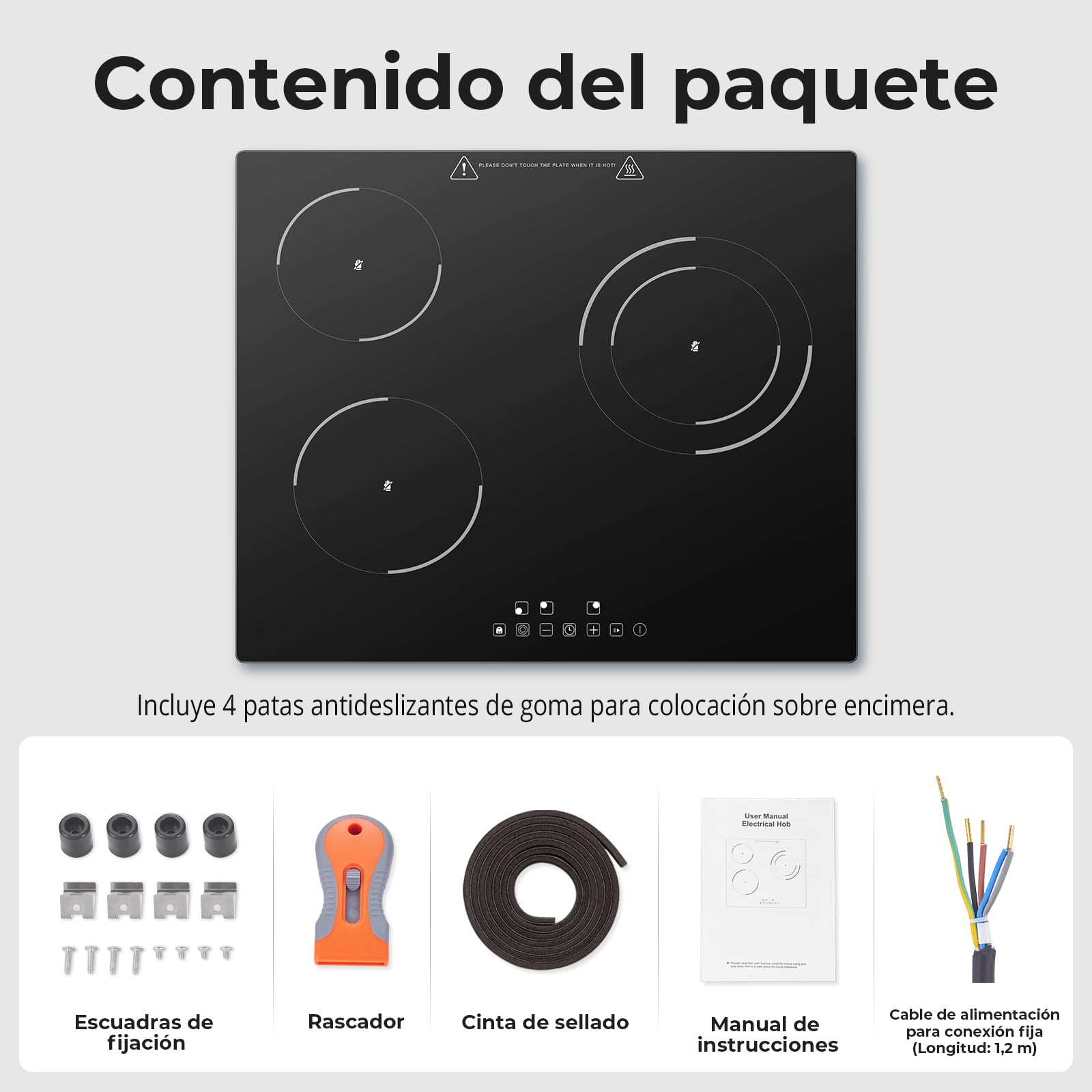 SNDOAS Placa Vitrocerámica 3 Fuegos 5200W, Vitroceramica 3 Zonas de Cocina (1200W+1800W+2200W), 9 Niveles de Calor, Seguridad para Niños, Temporizador 99 Min, Compatible con Todos los Utensilios — view 9