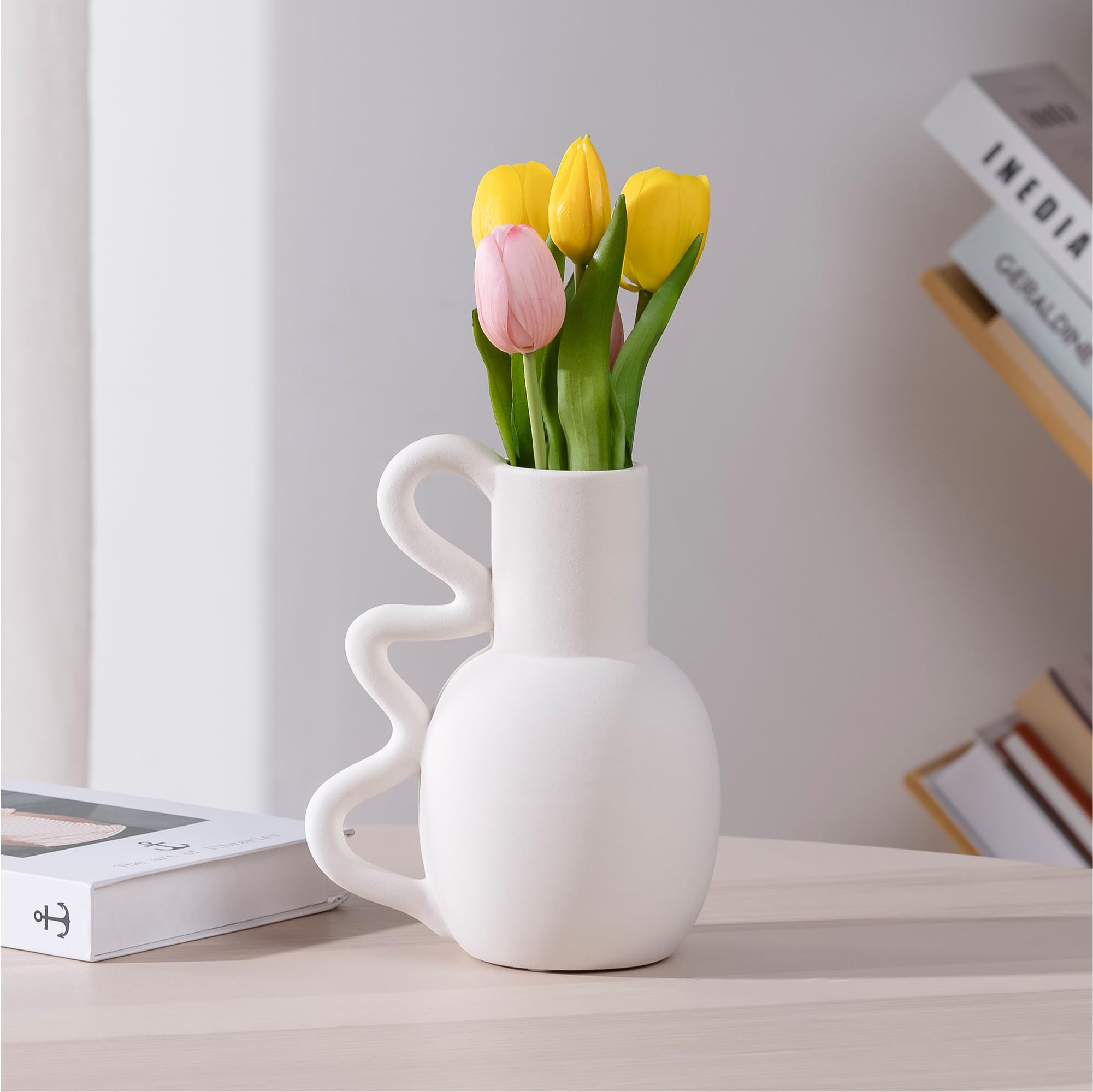 Navaris Decorative Pitcher Vase - White Ceramic Pitcher Vase with