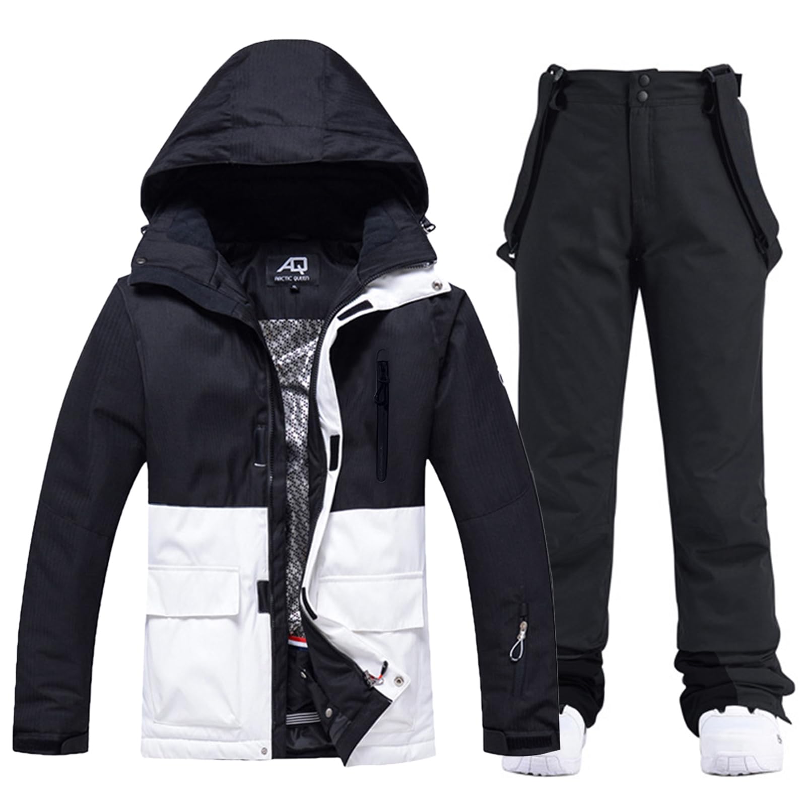 ALSOGO Conjunto de chaqueta de esquí y pantalones de esquí para mujer, traje de esquí de 2 piezas, impermeable, cálido, chaqueta de invierno con capucha desmontable para esquí, snowboard, chaqueta de