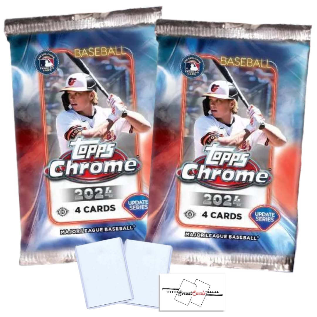 2 Pack LOT of 2024 Topps Chrome Update Series Baseball MLB Mega Packs with 4 Trading Cards + 2 Toploaders + StreetCards Magnet! (8 Total Cards) Look for Paul Skenes!
